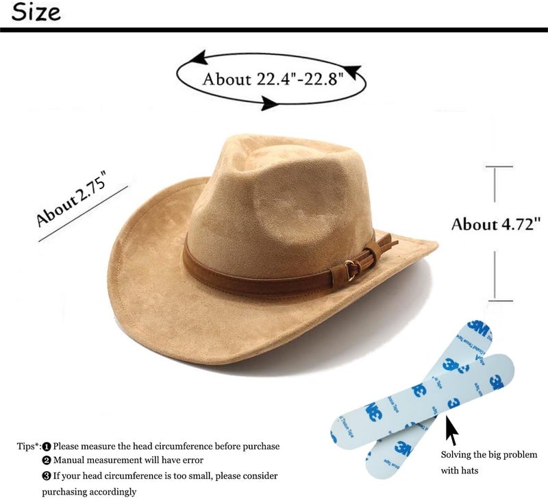 CCAKXCJJ Unisex Western Suede Cowboy Cowgirl Hat Classic Wide Brim Fedora Hat for Men &Women - Image 2